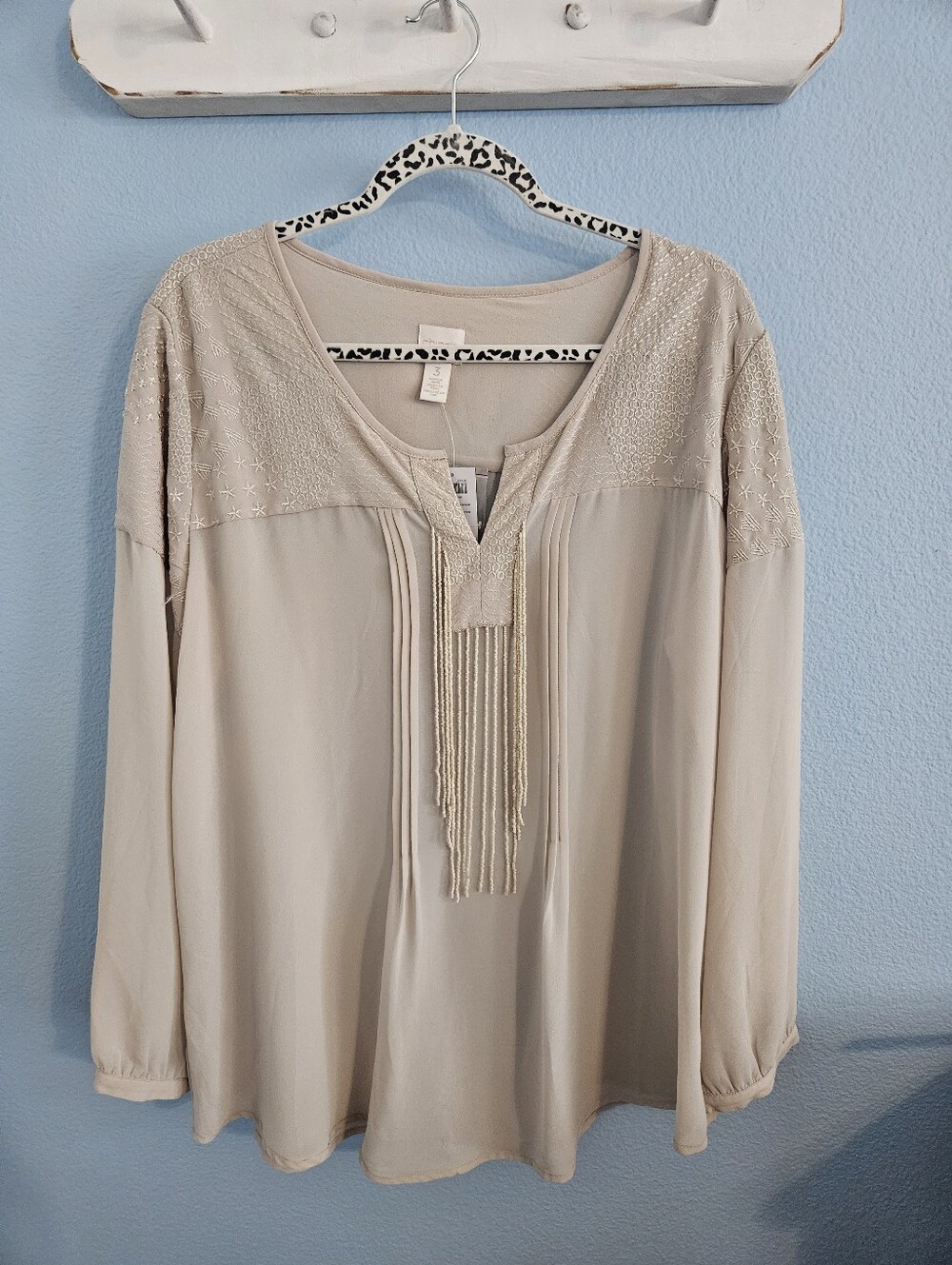 Chicos Beaded Tassel V-Neck Long Sleeve Blouse - Beige